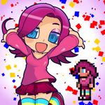  blue_eyes chibi commentary_request confetti jumping lewis long_sleeves looking_at_viewer miniskirt open_mouth party_girl_(terraria) pink_hair pixel_art short_hair skirt smile solo terraria thighhighs zettai_ryouiki 