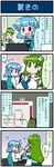  2girls 4koma artist_self-insert blue_hair breasts chair closed_eyes comic commentary computer frog_hair_ornament gradient gradient_background green_eyes green_hair hair_ornament heterochromia highres kochiya_sanae kurodani_yamame large_breasts map mizuki_hitoshi multiple_girls o_o objectification open_mouth pun real_life_insert sitting smile snake_hair_ornament surprised tatara_kogasa touhou translated |_| 