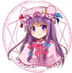  bad_id bad_twitter_id blush bow bowtie capelet closed_mouth hair_ribbon hat hat_ribbon long_hair looking_at_viewer magic_circle mob_cap moon_(ornament) patchouli_knowledge portrait purple_eyes purple_hair ribbon sketch smile solo touhou tress_ribbon yada_(xxxadaman) 