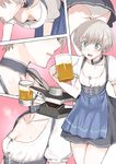  :d alcohol apron beer beer_mug blue_apron blue_eyes breasts cleavage close-up collarbone cup dirndl downblouse german_clothes head_out_of_frame highres holding holding_cup kantai_collection lips multiple_views neck no_bra ogros open_mouth panties pantyshot short_hair silver_hair small_breasts smile sweat underwear waist_apron white_panties z1_leberecht_maass_(kantai_collection) 