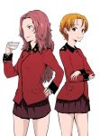  2girls alternate_hair_length alternate_hairstyle blonde_hair crossed_arms cup gensokigou girls_und_panzer hand_on_hip long_hair looking_at_viewer multiple_girls orange_pekoe pink_hair rosehip skirt st._gloriana&#039;s_military_uniform teacup white_background 