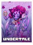  anthro arachnid arthropod bent_over clothing doughnut dress english_text fangs female feral food grey_skin hair hair_bow lerumdidum logo looking_at_viewer muffet multi_limb multiple_eyes one_eye_closed purple_hair smile solo_focus spider spider_web tea_cup tea_pot text undertale 