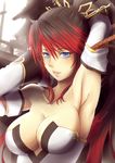  armpits arms_up artist_name bare_shoulders blue_eyes breasts brown_hair cleavage collarbone detached_sleeves hair_ornament hananon large_breasts lips multicolored_hair nanbu_kaguya parted_lips ponytail red_hair solo super_robot_wars super_robot_wars_og_saga_mugen_no_frontier two-tone_hair 