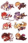  4girls armor axe bad_id bad_pixiv_id blonde_hair book bow bow_(weapon) brother_and_sister brothers brown_eyes brown_hair brynhildr_(tome) camilla_(fire_emblem_if) chibi elise_(fire_emblem_if) fire_emblem fire_emblem_if fuujin_yumi gloves hair_bow hair_over_one_eye hairband helmet highres hinoka_(fire_emblem_if) leon_(fire_emblem_if) long_hair marks_(fire_emblem_if) mitsukato multiple_boys multiple_girls pink_hair polearm ponytail purple_eyes purple_hair raijintou_(sword) red_eyes red_hair ryouma_(fire_emblem_if) sakura_(fire_emblem_if) siblings siegfried_(sword) sisters staff sword takumi_(fire_emblem_if) tomato twintails weapon yumi_(bow) 