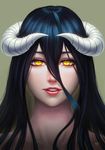  absurdres albedo black_hair collarbone darkmuleth demon_girl demon_horns eyebrows eyelashes face hair_between_eyes highres horns lips long_hair looking_at_viewer neck nose overlord_(maruyama) parted_lips reflective_eyes signature simple_background slit_pupils solo teeth yellow_eyes 