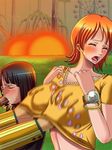 2girls bangs black_hair blush breast_grab breasts collarbone erection explosion eyelashes eyes_closed fellatio floral_print flower grabbing hand_under_clothes hands_up large_breasts long_sleeves mikanberry multiple_girls nami_(one_piece) nico_robin one_piece open_mouth oral orange_hair outdoors penis shirt shirt_lift short_hair short_sleeves sweat tears upper_body yellow_shirt 