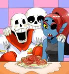  aipiepo armor blue_skin bone breasts brothers clothing eye_patch eyewear fangs female fish food fork group hair male marine meatball monster noseless open_mouth papyrus_(undertale) red_hair sans_(undertale) shirt sibling skeleton smile spaghetti tank_top undertale undyne yellow_eyes 