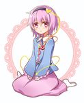  bad_id bad_twitter_id blouse blush full_body hair_ornament hairband hands_on_lap hands_together heart heart_hair_ornament komeiji_satori long_sleeves looking_at_viewer open_mouth pink_eyes pink_hair pink_skirt short_hair sitting sketch skirt socks solo third_eye touhou wariza wide_sleeves yada_(xxxadaman) 