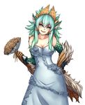  animal_ears aqua_eyes bare_shoulders bouquet breasts cleavage dress flower fur green_hair hand_on_hip head_tilt large_breasts looking_at_viewer monorus monster_girl monster_hunter personification scales simple_background slit_pupils smile solo spiked_hair tail wedding_dress white_background white_dress zinogre 