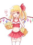  alternate_costume bad_id bad_twitter_id blonde_hair bow cheerleader cowboy_shot flandre_scarlet hair_bow heart looking_at_viewer midriff motion_lines navel one_eye_closed open_mouth pleated_skirt pom_poms red_eyes short_hair side_ponytail sketch skirt smile solo thighhighs touhou white_background wings yada_(xxxadaman) 