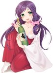  alcohol amamiya_mizuki blush bottle breasts cleavage green_eyes hair_over_shoulder highres japanese_clothes large_breasts long_hair looking_at_viewer love_live! love_live!_school_idol_project miko open_mouth purple_hair sake_bottle smile solo toujou_nozomi twintails 