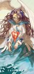  absurdres bad_id bad_pixiv_id bangs blue_eyes brown_hair cardcaptor_sakura character_name crown dress facial_mark forehead_mark hair_ornament head_wings heart highres hope_(sakura_card) long_hair long_sleeves parted_bangs smile solo star very_long_hair wavy_hair wings yuukaku 