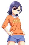  black_hair blue_eyes clothes_writing eyebrows_visible_through_hair ki_(kk-sk-ray) miyauchi_hikage non_non_biyori orange_shirt shirt shorts solo 