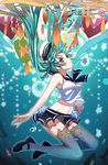  absurdres animal_print bare_arms blue_legwear bow chunrijun_(springer) fish fish_hair_ornament fish_print floating_hair from_side full_body gradient_hair green_eyes green_hair hair_bow hair_ornament hat hat_removed hatsune_miku headwear_removed highres long_hair marine_miku mary_janes midriff miniskirt multicolored_hair orange_hair pleated_skirt print_legwear school_uniform serafuku shirt shoes skirt sleeveless sleeveless_shirt solo star star_print striped striped_bow submerged thighhighs twintails underwater very_long_hair vocaloid 