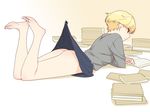  ass bare_legs barefoot blonde_hair book book_stack cursor feet gradient gradient_background highres ino legs legs_up lying no_panties on_stomach otome_function reading shirt short_hair skirt skirt_lift skirt_pull solo tatiana_vasilievna_stalina the_pose toes 