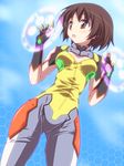  bodysuit brown_eyes brown_hair cowboy_shot kaminagi_ryouko kikuchi_tsutomu multicolored multicolored_bodysuit multicolored_clothes open_mouth short_hair solo standing zegapain 