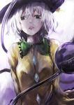  amamitsu_kousuke eyeball gradient gradient_background green_eyes hat komeiji_koishi long_sleeves looking_at_viewer open_mouth shirt short_hair silver_hair solo string third_eye touhou upper_body 