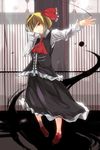  :d blonde_hair darkness frilled_skirt frills hair_ribbon hand_over_face highres open_mouth red_eyes ribbon rumia short_hair skirt smile solo three_k_(spiritus_no_honoo) touhou vest 