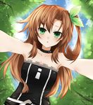  :o bare_shoulders blush brown_hair choker forest green_eyes if_(choujigen_game_neptune) long_hair looking_at_viewer nature neptune_(series) one_side_up shika_tsui solo strapless tubetop 