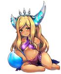  alternate_hair_color alternate_skin_color arulumaya ball bare_legs beachball bikini blonde_hair blush brown_eyes collarbone crescent criss-cross_halter dark_skin dwarf granblue_fantasy half-closed_eyes halter_top halterneck harvin hat highres long_hair miranko mole mole_under_eye navel pointy_ears purple_bikini sarong simple_background sitting smile solo swimsuit thick_thighs thighs white_background yokozuwari 