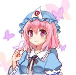  bad_id bad_twitter_id blush breasts bug butterfly butterfly_on_hand dress hat insect medium_breasts mob_cap neck_ribbon pink_eyes pink_hair ribbon saigyouji_yuyuko short_hair sketch smile solo touhou triangular_headpiece upper_body white_background wide_sleeves yada_(xxxadaman) 