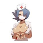  blue_hair breasts cleavage eyepatch hair_over_one_eye hat heart heart_hands higa_norio huge_breasts looking_at_viewer nurse nurse_cap red_eyes short_hair simple_background skullgirls smile solo valentine_(skullgirls) white_background 