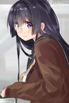  black_hair blush glasses isshiki_(ffmania7) long_hair looking_at_viewer purple_eyes school_uniform solo 