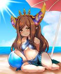  arulumaya ball bare_legs beach beach_umbrella beachball bikini blue_bikini blue_sky blush brown_eyes brown_hair cloud collarbone crescent criss-cross_halter day dwarf granblue_fantasy half-closed_eyes halter_top halterneck harvin hat highres long_hair miranko mole mole_under_eye navel ocean outdoors pointy_ears sand sarong sitting sky smile solo sun swimsuit thick_thighs thighs umbrella water yokozuwari 