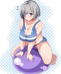  ball blue_eyes blush breasts cleavage exercise_ball flying_sweatdrops hair_ornament hairclip hamakaze_(kantai_collection) highres huge_breasts kantai_collection moisture_(chichi) plump silver_hair sitting solo sweat 