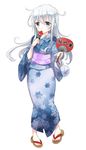  alternate_costume bag bagged_fish blue_eyes fan fish goldfish hibiki_(kantai_collection) japanese_clothes kantai_collection kimono long_hair motohara_moka silver_hair simple_background solo white_background wide_sleeves yukata 