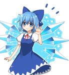  1girl bad_id bad_twitter_id blue_eyes blue_hair bow cirno collared_shirt cowboy_shot dress hair_bow ice ice_wings looking_at_viewer neck_ribbon no_legs puffy_short_sleeves puffy_sleeves ribbon shirt short_hair short_sleeves smile solo sparkle touhou waving wings yada_(xxxadaman) 