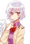  bow bowtie dress finger_to_mouth jacket kishin_sagume long_sleeves looking_at_viewer open_clothes purple_dress red_eyes shirt short_hair silver_hair single_wing six_(fnrptal1010) solo touhou wings 