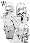  bangs blunt_bangs blush eyebrows_visible_through_hair greyscale hand_on_own_chest heart jpeg_artifacts looking_at_viewer midorikawa_hana monochrome multiple_views open_mouth prison_school saliva school_uniform short_hair simple_background skirt takurou tears tongue translation_request trembling white_background 