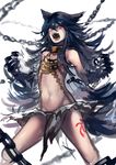  :o absurdres angry animal_ears azuki_(azuki-taste) bangs bare_shoulders blue_hair bodypaint chain claws collarbone cowboy_shot fangs fenrir_(shingeki_no_bahamut) flat_chest granblue_fantasy groin hair_between_eyes highres jewelry loincloth long_hair looking_away looking_to_the_side navel neck_ring no_panties paws red_eyes restrained shingeki_no_bahamut simple_background slit_pupils solo tail v-shaped_eyebrows very_long_hair white_background wolf_ears wolf_paws wolf_tail 