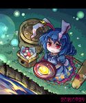  animal_ears blue_dress blue_hair bunny_ears bunny_tail crying crying_with_eyes_open cup dango dress ear_clip fireflies food full_moon kine mallet moon pote_(ptkan) puffy_short_sleeves puffy_sleeves red_eyes reflection river sakazuki seiran_(touhou) short_sleeves sitting solo tail tears touhou tsukimi wagashi wavy_mouth weapon 