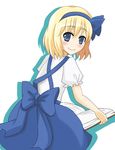  alice_margatroid alice_margatroid_(pc-98) blonde_hair blue_eyes blush book hairband looking_back open_book short_hair smile snowdust_(pixiv) solo touhou touhou_(pc-98) 