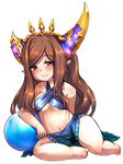  arulumaya ball bare_legs beachball bikini blue_bikini blush brown_eyes brown_hair collarbone crescent criss-cross_halter dwarf full_body granblue_fantasy half-closed_eyes halter_top halterneck harvin hat highres long_hair miranko mole mole_under_eye navel pointy_ears sarong sitting smile solo swimsuit thick_thighs thighs transparent_background yokozuwari 