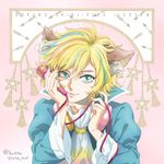  :3 animal_ears bad_id bad_pixiv_id blonde_hair blue_eyes cravat highlights male_focus microphone multicolored_hair popped_collar shimanekoken show_by_rock!! shu_zo_(show_by_rock!!) smile solo twitter_username upper_body 