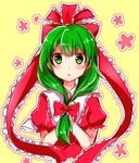  blush bow dress front_ponytail green_eyes green_hair hair_bow hands_on_own_chest kagiyama_hina long_hair looking_at_viewer open_mouth outline puffy_short_sleeves puffy_sleeves ribbon short_sleeves sketch solo touhou upper_body yada_(xxxadaman) 