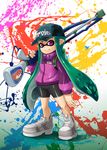  bike_shorts classic_squiffer_(splatoon) commentary domino_mask green_hair gun highres holding ink_tank_(splatoon) inkling jacket long_hair looking_at_viewer mask paint_splatter pointy_ears purple_eyes rifle shoes smile sneakers sniper_rifle solo splatoon_(series) splatoon_1 standing tak_(takumi_fortitude) tentacle_hair weapon 