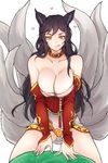  :q ahri animal_ears bare_shoulders black_hair breasts cleavage collar facial_mark fox_ears fox_tail heart jorin korean_clothes large_breasts league_of_legends long_hair looking_at_viewer multiple_tails pussy_juice solo tail tongue tongue_out yellow_eyes 