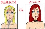  2girls bdsm blonde_hair blue_eyes blush body_writing collar humiliation katarina_du_couteau league_of_legends leash long_hair luxanna_crownguard multiple_girls nude open_mouth red_hair stormbringer 