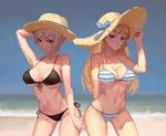  676264220 beach bikini black_bikini blonde_hair breasts cleavage cousins day hat highres large_breasts long_hair looking_at_viewer multiple_girls nakiri_alice nakiri_erina navel ocean parted_lips purple_eyes red_eyes shokugeki_no_souma short_hair side-tie_bikini silver_hair striped striped_bikini sun_hat swimsuit toned underboob 