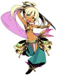  absurdres armlet armpits blonde_hair bracer dancer_(sekaiju) dark_skin earrings feathers full_body harem_outfit highres himukai_yuuji jewelry looking_at_viewer lowleg navel official_art open_mouth sekaiju_no_meikyuu simple_background solo sword twintails weapon white_background yellow_eyes 