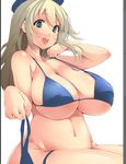  atago_(kantai_collection) bikini blonde_hair breasts covered_nipples green_eyes hat huge_breasts kantai_collection long_hair oohira_sunset solo strap_gap swimsuit 