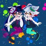  aori_(splatoon) black_hair domino_mask dress earrings fang food food_on_head gloves green_legwear grey_hair hotaru_(splatoon) jewelry long_hair looking_at_viewer mask mole mole_under_eye multiple_girls object_on_head open_mouth orange_(orangelv20) paint_splatter pantyhose purple_legwear shoes short_dress short_hair short_jumpsuit smile splatoon_(series) splatoon_1 strapless strapless_dress tentacle_hair white_gloves 