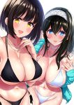  2girls aqua_jacket arm_up bare_shoulders bikini black_bikini black_hair blue_eyes blush breasts choker cleavage collarbone cowboy_shot fingernails hair_between_eyes hairband heart heart_necklace highres idolmaster idolmaster_cinderella_girls jacket jewel_(the_black_canvas) jewelry large_breasts long_fingernails long_hair looking_at_viewer multiple_girls nail_polish navel necklace open_mouth pink_nails sagisawa_fumika shiny shiny_hair side-tie_bikini simple_background smile string_bikini swimsuit takafuji_kako white_background white_bikini white_choker white_hairband yellow_eyes 