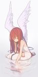  brown_hair chain closed_eyes collar dress hair_between_eyes highres hitoshi long_hair original partially_submerged red_hair reflection sitting smile solo very_long_hair water white_dress wings 