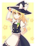  adjusting_clothes adjusting_hat apron arm_behind_back bad_id bad_twitter_id blonde_hair blouse bow braid cowboy_shot hat hat_bow kirisame_marisa long_hair looking_at_viewer outline puffy_short_sleeves puffy_sleeves short_sleeves side_braid sketch skirt smile solo star touhou vest white_bow witch_hat yada_(xxxadaman) yellow_eyes 