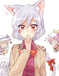  animal_ears bag blonde_hair cat_ears cat_tail covering_mouth dress feathered_wings hat heart jacket kemonomimi_mode kishin_sagume long_hair multiple_girls purple_hair red_eyes short_hair silver_hair single_wing six_(fnrptal1010) tail touhou translated watatsuki_no_toyohime watatsuki_no_yorihime wings yellow_eyes 